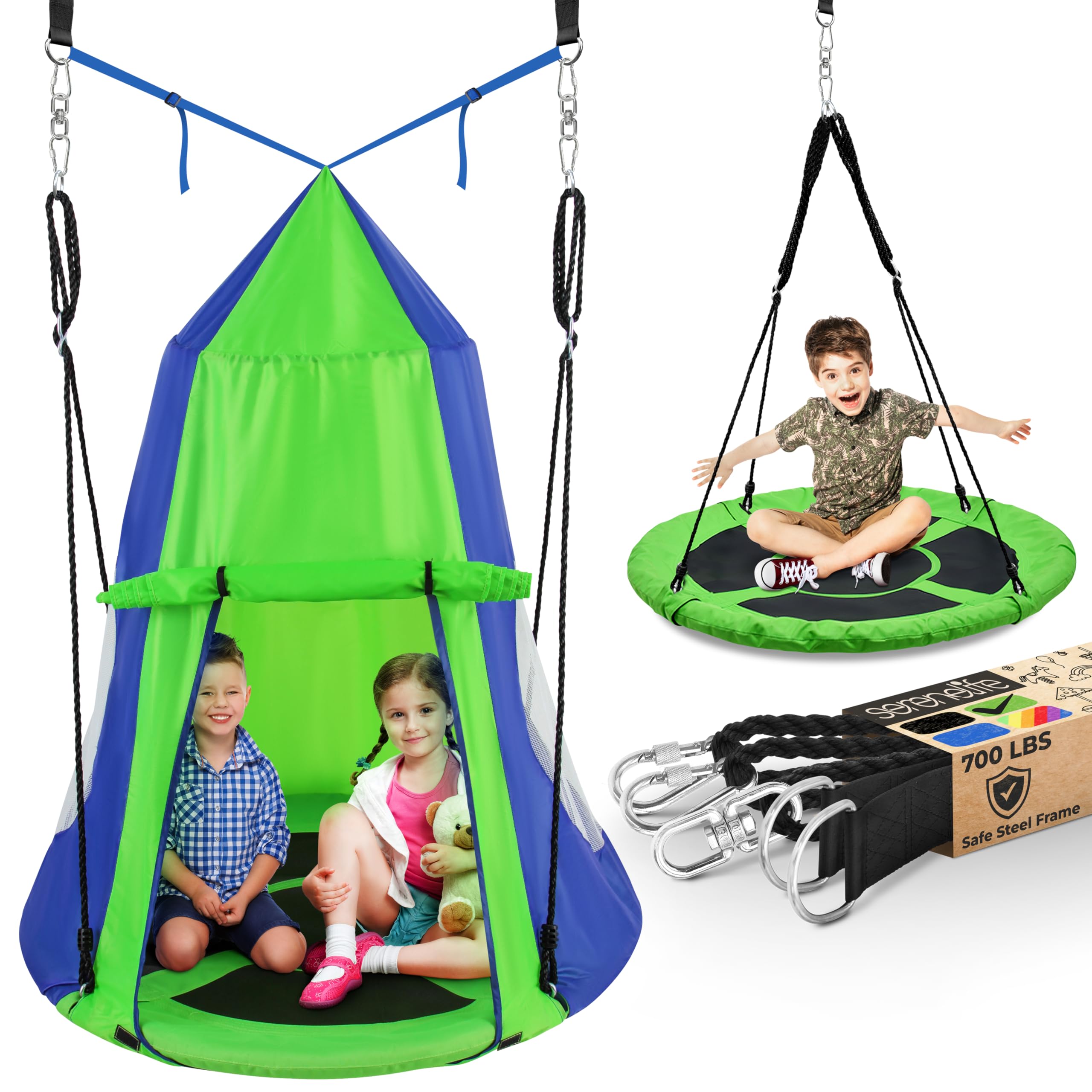 SereneLife 40" Kids Hanging Tent Swing, Outdoor Saucer Swing with Rope Straps (Green), Large Image