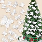 Knitgrip 24 Pcs Christmas Tree Glitter Butterflies Ornaments White Feather Butterfly with Glitters Clip on Artificial Butterflies Christmas Tree Decorations for Xmas Wreaths Wedding Birthday(Silver)