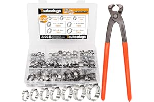Taukealugs 125Pcs 7 Sizes 6-21mm Single Ear Hose Clamps 304 Stainless Steel with Pincer for Automotive Pipe Hoses