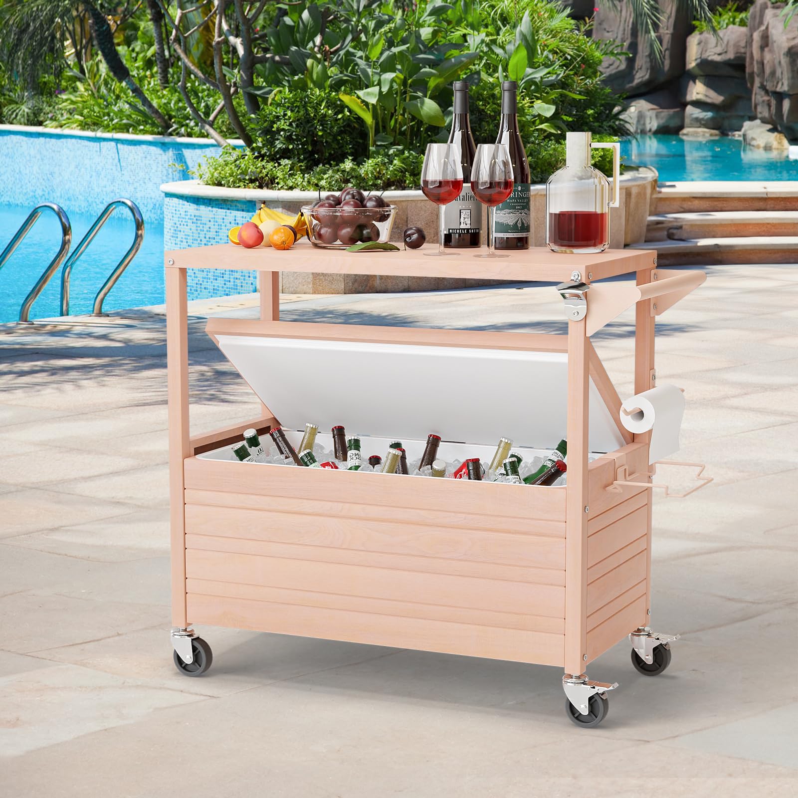 Photo 1 of VINGLI 80 Quart Rolling Ice Chest on Wheels, Cooler Table, Patio Party Bar Drink Cooler Cart with Table, Beverage Pool with Bottle Opener, Water Pipe, Paper Roller Holder