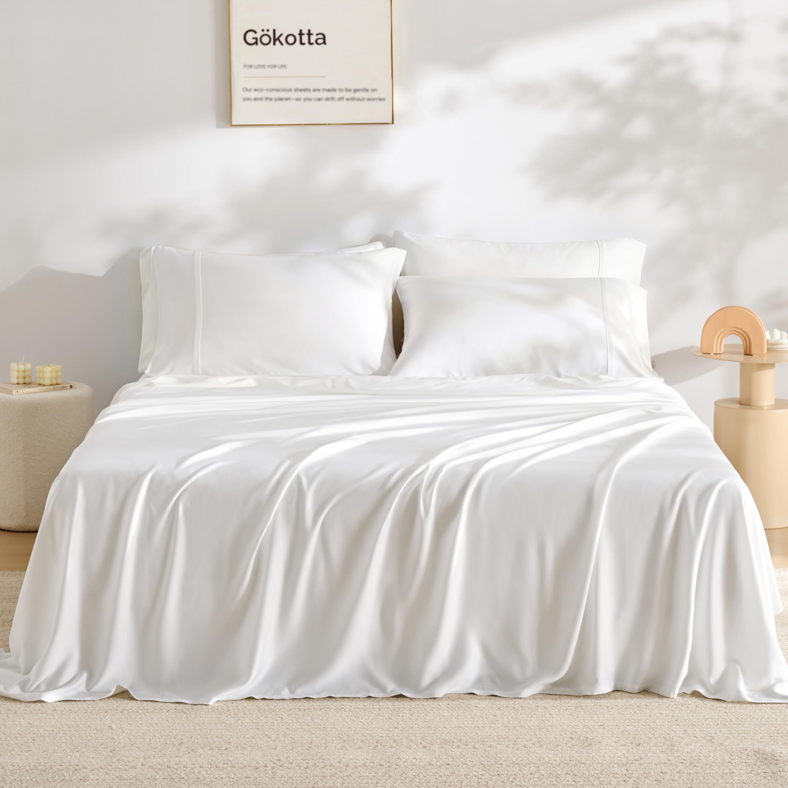 Photo 1 of GOKOTTA King Size Bed Sheets 6 Piece Set, 100% Rayon Derived from Bamboo, Cooling for Hot Sleepers-Luxury Breathable Soft Sheets, Deep Pocket 16" Fitted Sheet with Elastic Corner Straps, Cream White