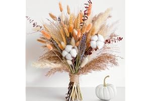 KOCAT Fall Dried Flower Bouquet – Boho Fall Decor with Pampas Grass, Cotton, and Orange Bunny Tails – Autumn Floral Arrangement for Home, Mantel, or Vase – Fall Decorations for Home Indoor & Porch