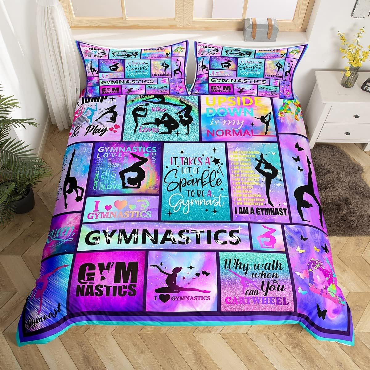 Gymnastics Gifts Bedding Set Gymnast Lovers Comforter Cover Single Size For Kids Girls Teens Women Room Decor Geometric Checkered Duvet Cover Colorful Tie Dye Pastel Bed Set With Zipper Closure — image 1