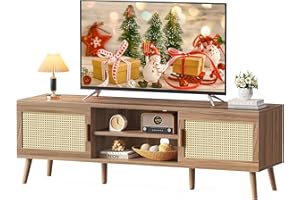 SUPERJARE Boho TV Stand for 65 Inch TV, Entertainment Center with Adjustable Shelf, Rattan TV Console with 2 Cabinets, Media Console, Solid Wood Feet, 4 Cord Holes, for Living Room, Walnut