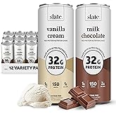 Slate Milk - High Protein Nutrition Shake - Variety Pack - Milk Chocolate, Vanilla Cream - 32g Protein, 1g Sugar, 150 Calories, 2g Net Carbs - Lactose Free - No Added Sugar - 11 fl oz, 12 Cans