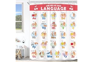 Ufeela Kids ABC Alphabet Shower Curtain 60Wx72L Inch Cartoon Cute Funny Teaching Educational Tools Shower Curtain Bathroom Set American Sign Language Child Bath Curtain Bathtub Accessories Home Decor