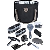 Harrison Howard 9 Piece Horse Brush Set with Organizer Tote Bag | Grooming Brush with Non-Slip Silicone Grip, for Horse's Shedding Bathing &amp; Daily Care, Beginner Friendly Brushes Black