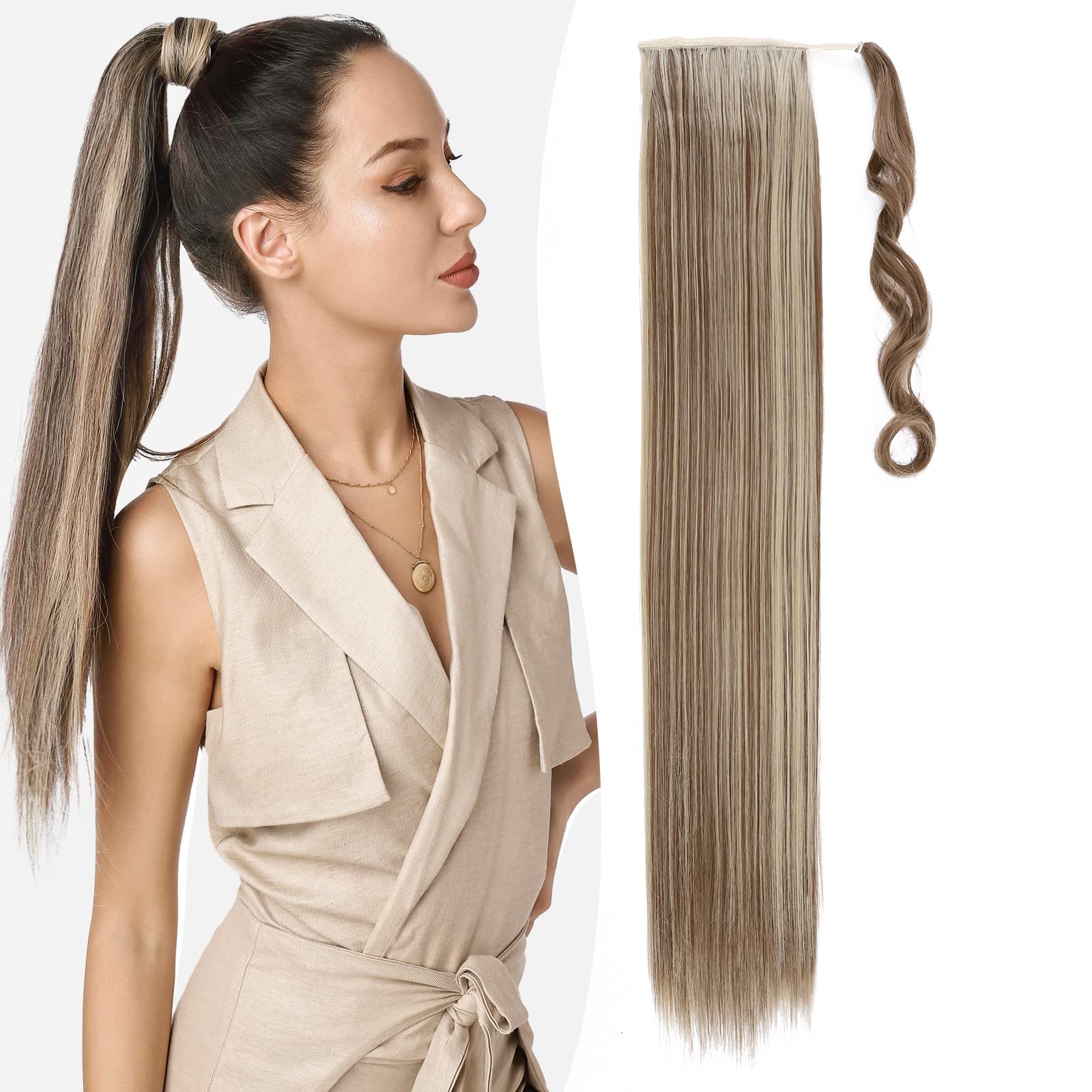 Benehair Ponytail Extension 32 Inches Long Wrap Around Ponytail Hair Extension Straight Synthetic Braid Extensions Clip in Hairpiece for Women Lightest Ash Brown & Bleach Blon — image 1