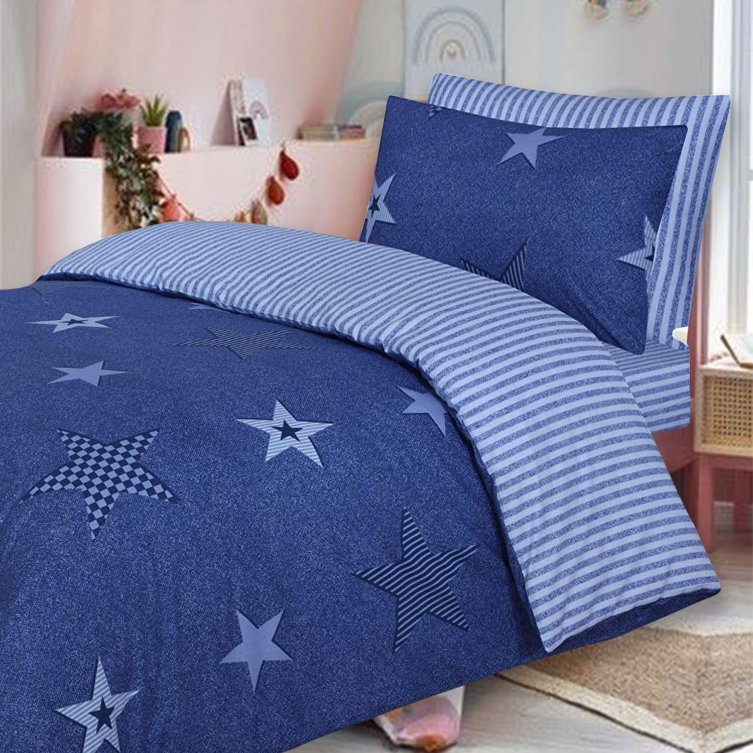 Indus Textiles Kids Duvet Cover Sets 100% Cotton Reversible Single Duvet Cover Fitted Sheet Pillowcase - Stars Blue