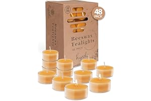 Pure Beeswax Tea Lights - 48 Pack - Handmade Decorative Unscented - Tealight Candles - 4 Hour Burn Time, Clear Cup