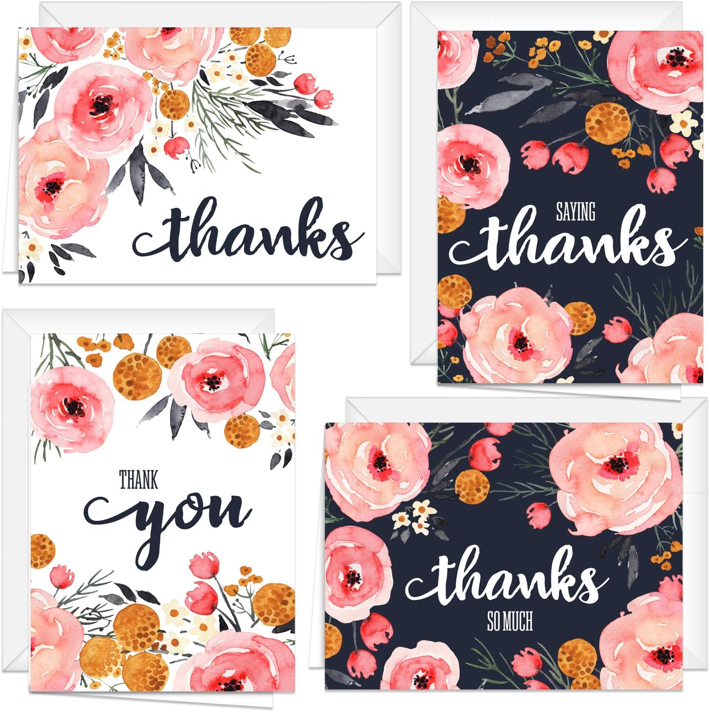Watercolor Pink And Navy Floral Cards/Modern Thank You Cards With Envelopes / 24 Bright Floral Bouquet Cards With White Envelopes : Office Products