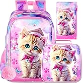 gxtvo 3PCS Girls Cat Bookbag, 16" Kids Backpackwith Lunch Box, Water Resistant School Bag for Elementary Preschool Toddler