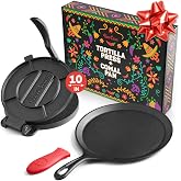 Uno Casa Cast Iron Tortilla Press 10 Inch and Comal Pan Bundle, Family Size | Recipe e-book, silicone handle and 100 parchment sheets in the box. Also a tawa and dosa pan for rotis and big batches