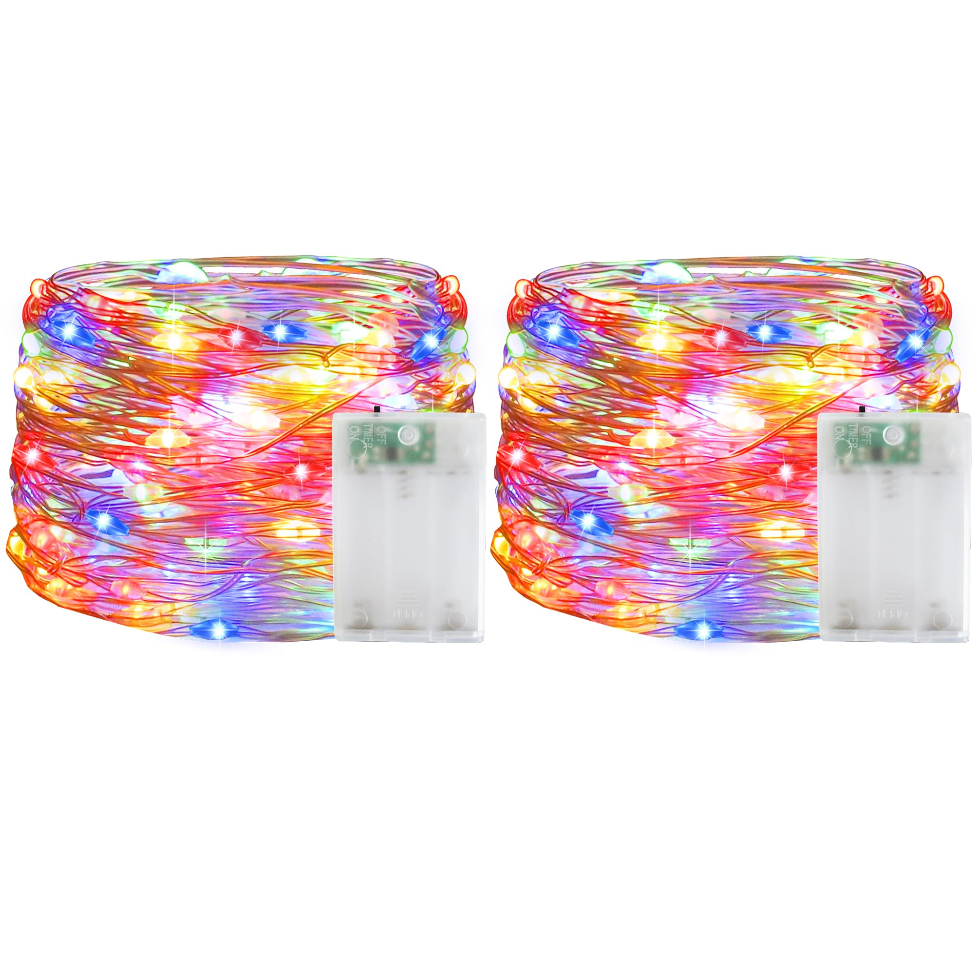 YAOZHOU Christmas Decorations Multicolor Fairy String Lights, Battery Operated with Timer, 2 Pack Total 33FT 100 Led Mini Battery Powered Mason Jar Waterproof Firefly Lights DIY Party