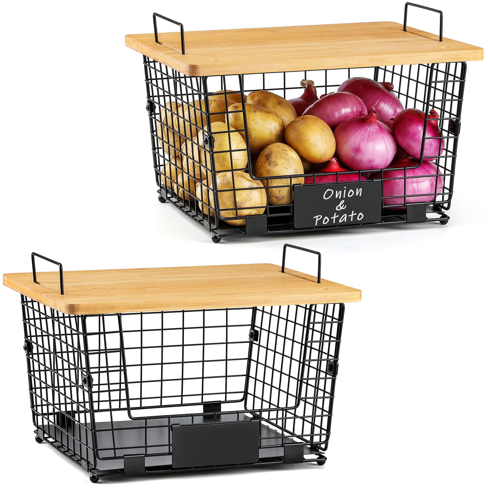 Photo 1 of 2 Set XXL Stackable Wire Basket with Bamboo Tops & Tag- Pantry Organizer and Storage Bins, Kitchen Counter Cabinet Shelf Countertop Under Sink Organizing, Food Snack Produce Onion Potato Bread Storage