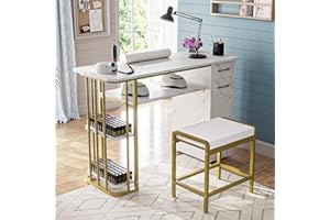 Kikihuose Manicure Table Nail Desk for Nail Tech, Marbling Texture Modern Nail Station with Stool & Wrist Cushion，Multipurpose Table for Home Office Beauty Spa Salon