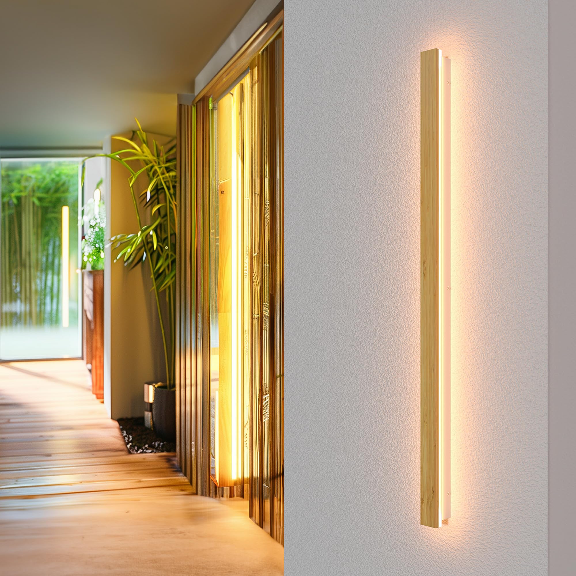 AOLED LED Wall Lamp Indoor Bamboo Wood Wall Light 3000k Hallway Lamp Bedroom Lamp, Living Room Lamp 35W 115cm Wall Lighting for Balcony Stairwell Living Room Children's Room Bedroom