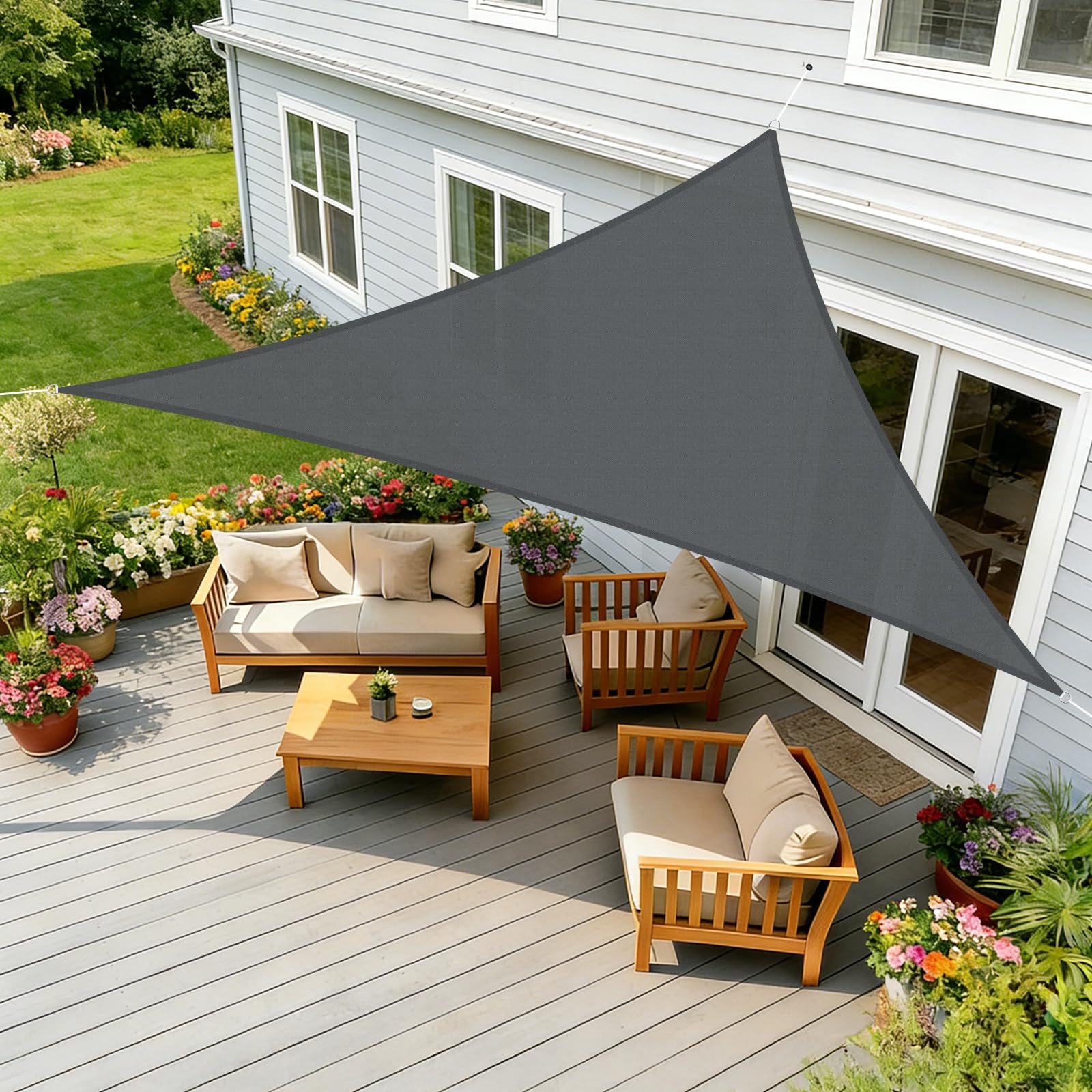 HENG FENG Sun Shade Sail Triangle 3x3x3m Waterproof PES Polyester Canopy Awning Sunscreen with 95% UV Block for Outdoor Patio Garden Anthracite