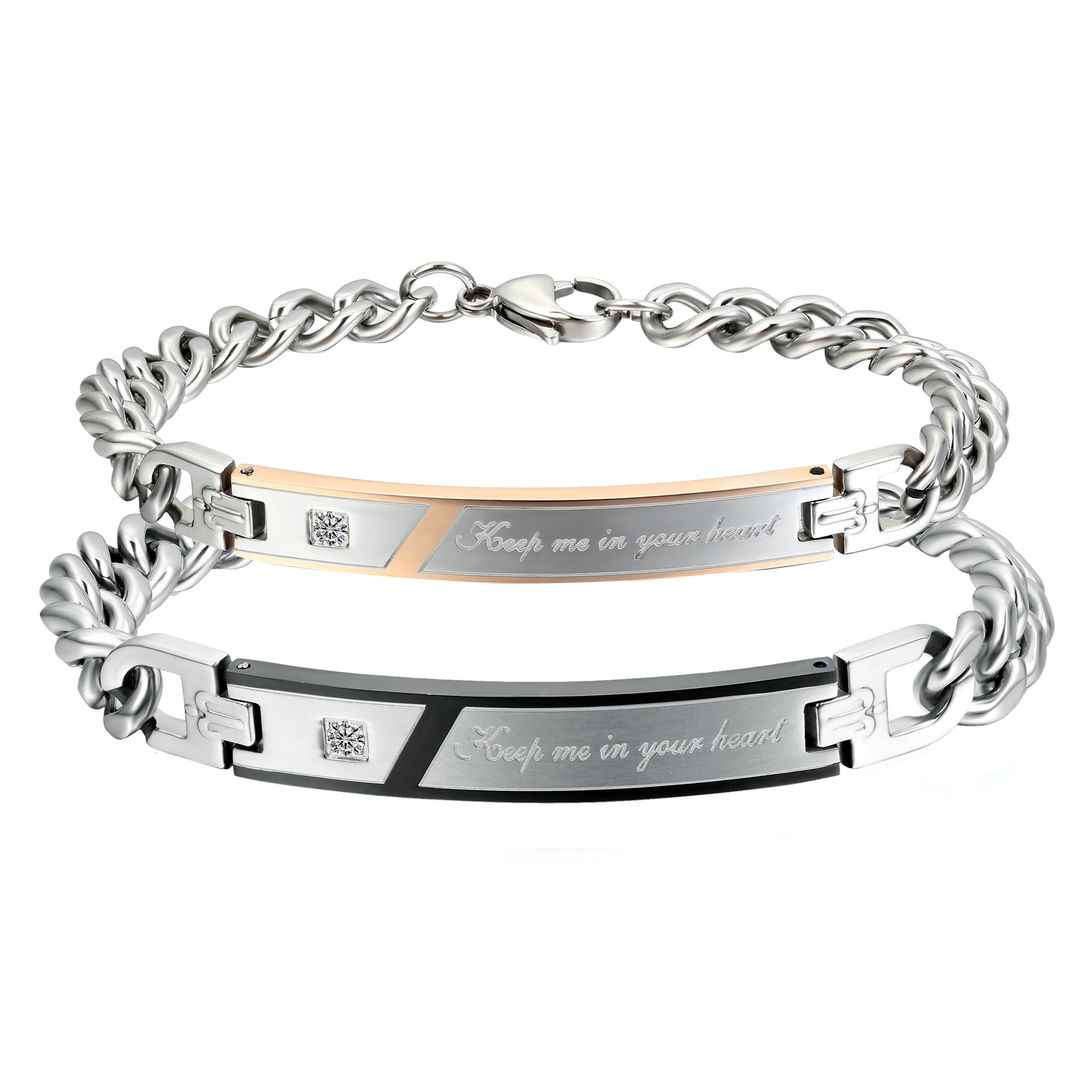 Cupimatch 2PCS Couples Bracelets Set Stainless Steel Keep me in your heart Matching Identification Valentine Engagement Gift Link Bracelet for Men Women