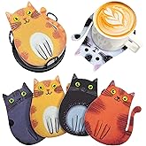 Cartoon Cat Coasters 6-Pack, Super Cute Absorbent Felt Coasters for Drinks, Non-Slip Scratch Protection for Wood Tables, Washable Rugged Coaster Set with Holder, Fun Gift for Cat Lovers (6PC)