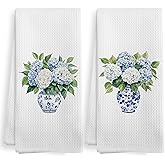 XNXLDYLH Vintage Chinoiserie Hydrangea Decor Kitchen Towels and Dishcloths Sets of 2, Blue and White Hydrangea Floral Grand Millenial Spring Decor Dish Hand Tea Towels for Bathroom Kitchen, 16x24 Inch