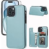 JOYAKI Wallet Case Compatible with iPhone 15 6.1”,Slim Protective case with Card Holder, PU Leather Kickstand Card Slots Case with a Screen Protector iPhone 15(6.1")-Ice Blue