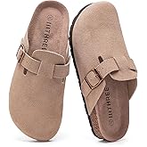 IIITHREE Women's Suede Clogs Cork Footbed Clogs for Women Soft Leather Adjustable Buckle Slip-on Potato Shoes Sandals