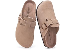 IIITHREE Women's Suede Clogs Cork Footbed Clogs for Women Soft Leather Adjustable Buckle Slip-on Potato Shoes Sandals