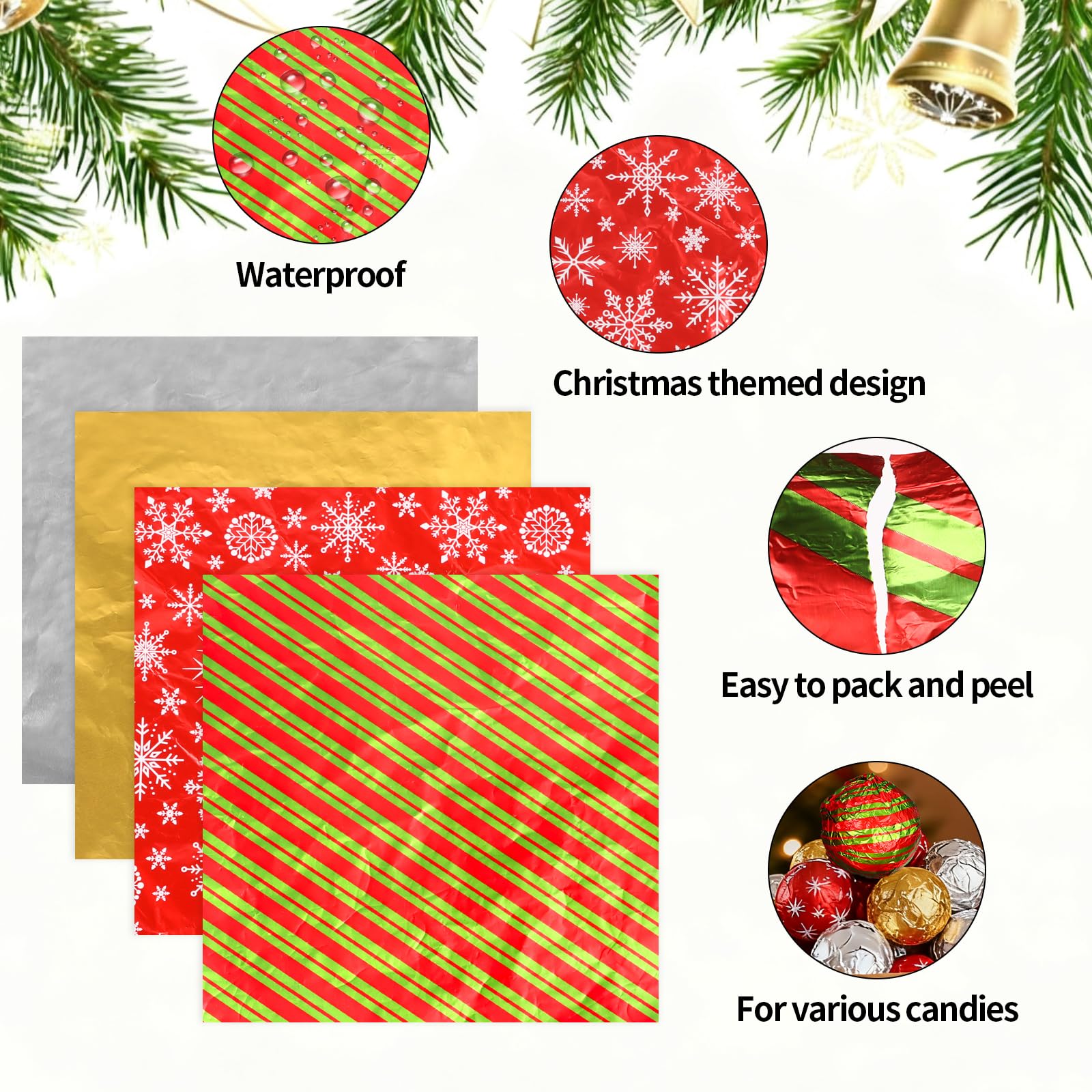 FOIMAS Christmas Foil Candy Wrappers, 200 PCS Christmas candy wrappers Aluminum Tin 8 x 8 Inches Chocolate Bar for Xmas Wedding Birthday Homemade Candy Caramels Packaging Wrapping Party Favors