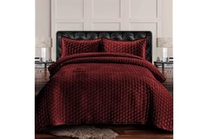 Tribeca Living Velvet King Quilt Set - Three-Piece Honeycomb Stitch Bedding, Super Soft 260GSM Velvet, Oversized Quilt and Two Sham Pillowcases, Burgundy