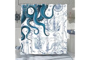 Fungarth Blue Nautical Octopus Shower Curtain Navy Mermaid Funny Ocean Kraken Shower Curtains for Bathroom Cool Anchor Coastal Map Waterproof Fabric Bath Curtain Decor with Hooks (Blue, 72” x 72”)