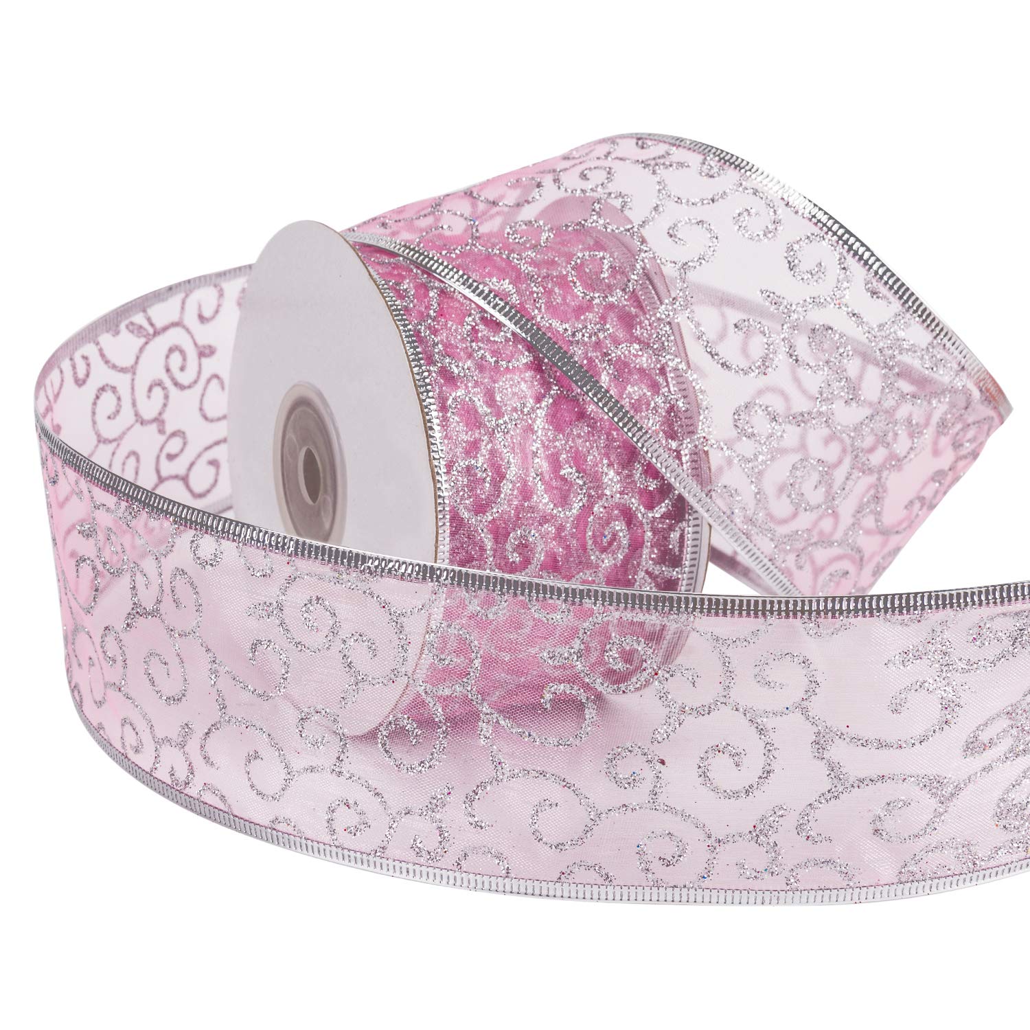RUSPEPA Wired Christmas Holiday Ribbon - Light Pink Swirl Sheer Glitter Ribbon - 63 mm x 22 m Each Roll - Silver Wired Edge — image 1