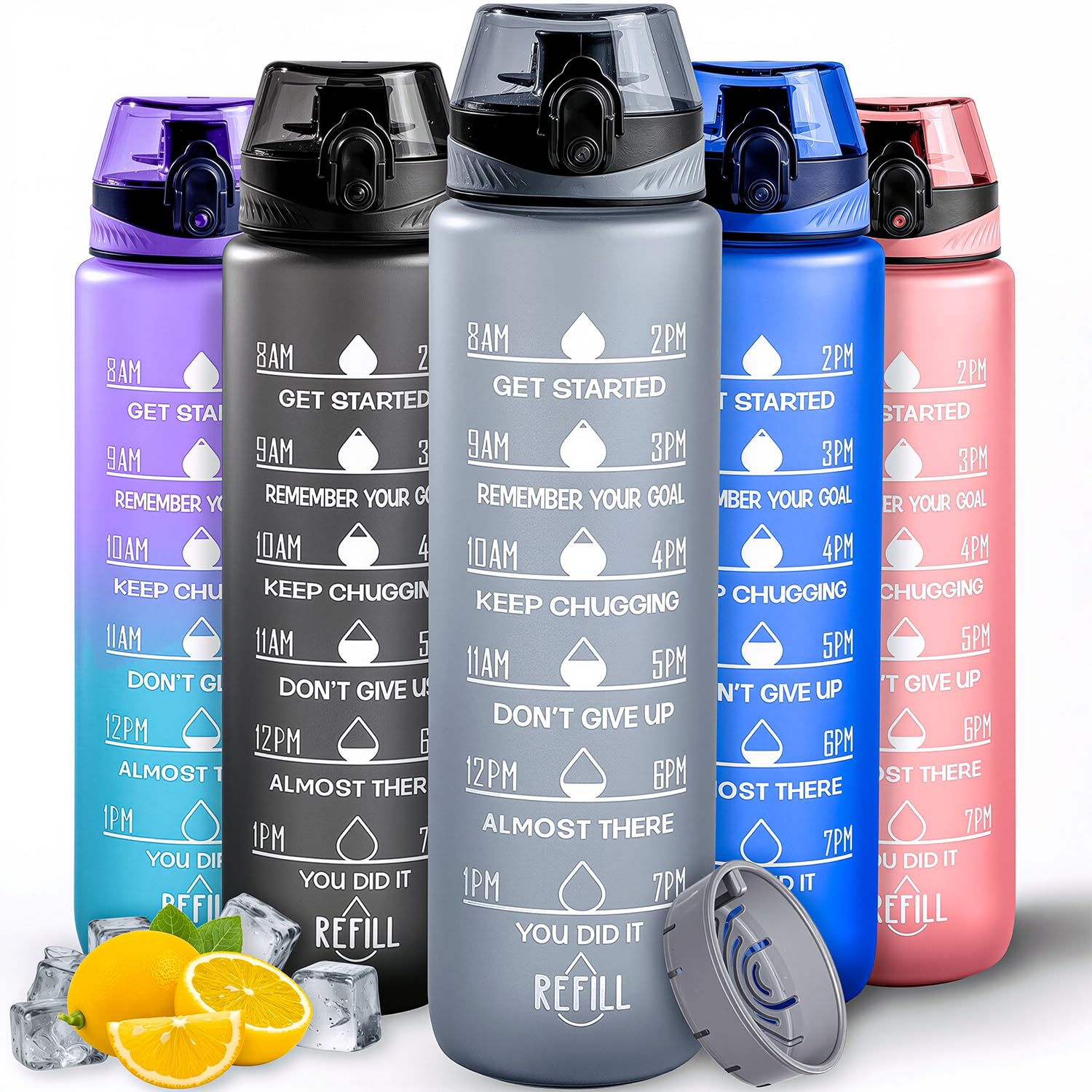 Active 100 Water Bottle 1L Sports Water Bottle with Motivational Time Marker, Leak-Proof Drink Bottle BPA Free Non-Toxic for Running, Cycling, Gym, School & Office