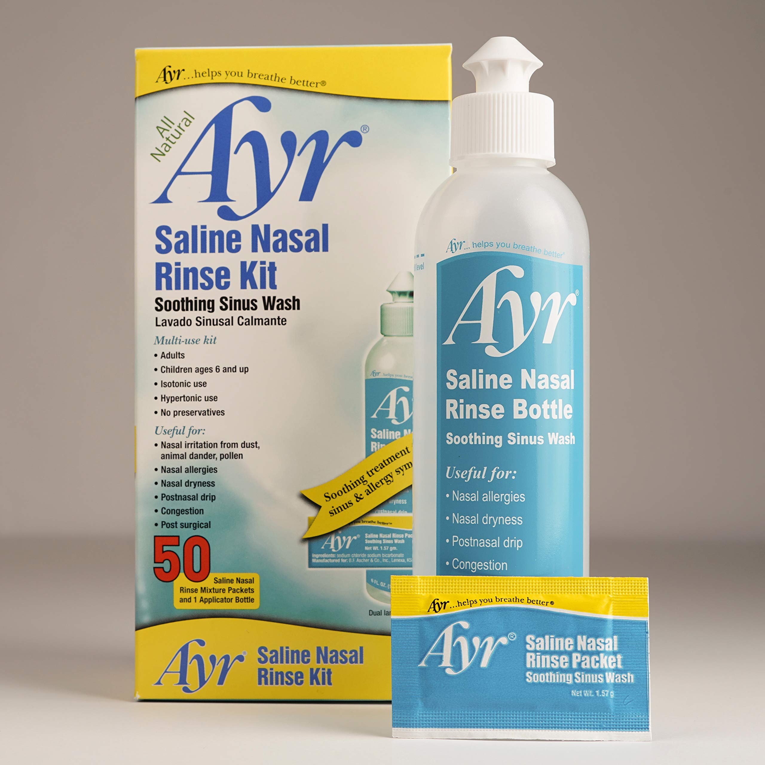 AYR Saline Nasal Rinse Kit Soothing Sinus Wash, 50-Count Saline Nasal Rinse Mixture Packets Plus Applicator Bottle (Pack of 2)