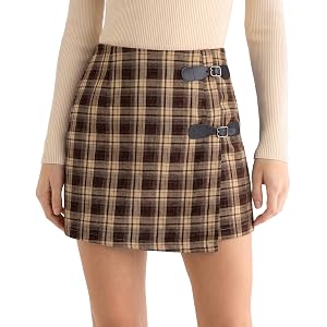 luvamia Plaid Skirts for Women Mini High Waisted Short A Line Wrap Skirt | Elastic Waist Casual Skirt with Pockets, Decorativ