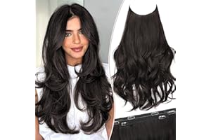 KooKaStyle Invisible Wire Hair Extensions 20‘’ Long Wavy Layered Synthetic Clip in Hair Extensions with Transparent Wire Adjustable Size 6 Secure Clips Dark Brown Thick Hairpieces for Women 20 Inch