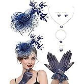 Butterfly Fascinators Hat Set for Women Tea Party Hats Veil Mesh Feather Headband Lace Gloves Set