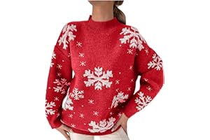 SHOPESSA Snowflake Sweater Women Red and White Ugly Christmas Pullover Mock Neck Long Sleeve Holiday Knit Tops Loose Blouse