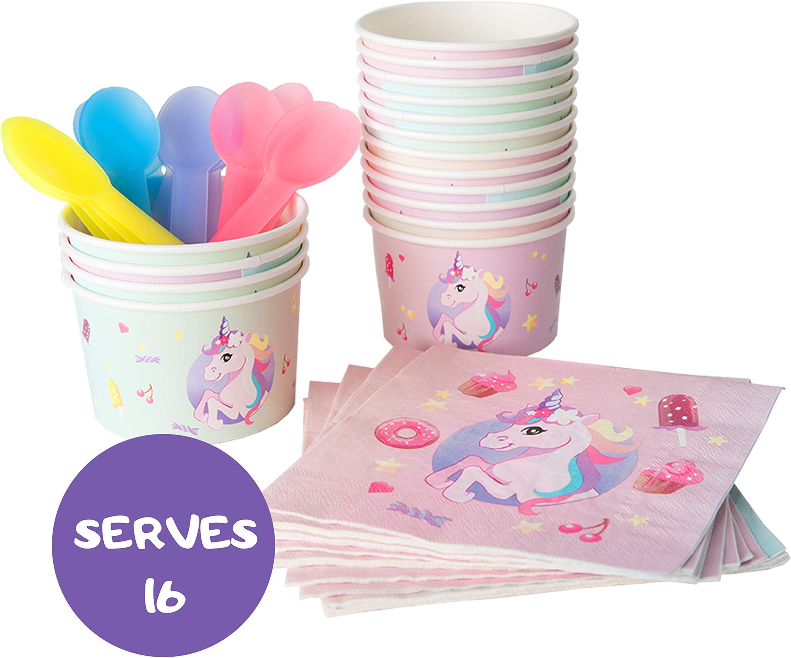 Unicorn Rainbow Theme Ice Cream Cups, Napkins & Color Changing Spoons Set | Serves 16 | Birthday Party Supplies | Disposable Paper Dessert Bowls 12 oz | Sundae, Frozen Yogurt, Fruit Salad
