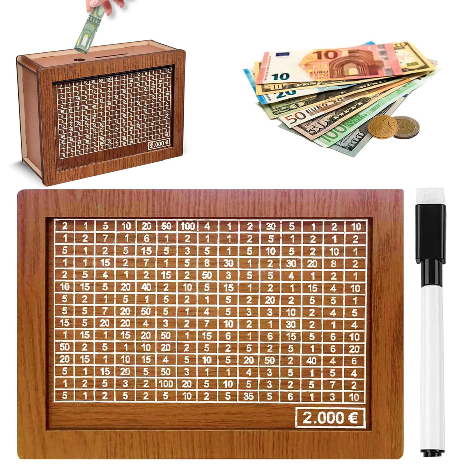 Money Saving Box, Wooden Savings Box, Money Saving Challenge with Numbers Tick with Counter, Reusable Cash Bank, Wooden Piggy Bank for Adults Kids with Savings Goals (2,000)