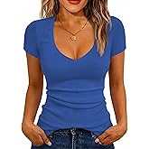 Albe Rita Women Short Sleeve T-Shirt Cap V Neck Shirts for Women Ribbed Casual Top Knit Slim Fit for Summer