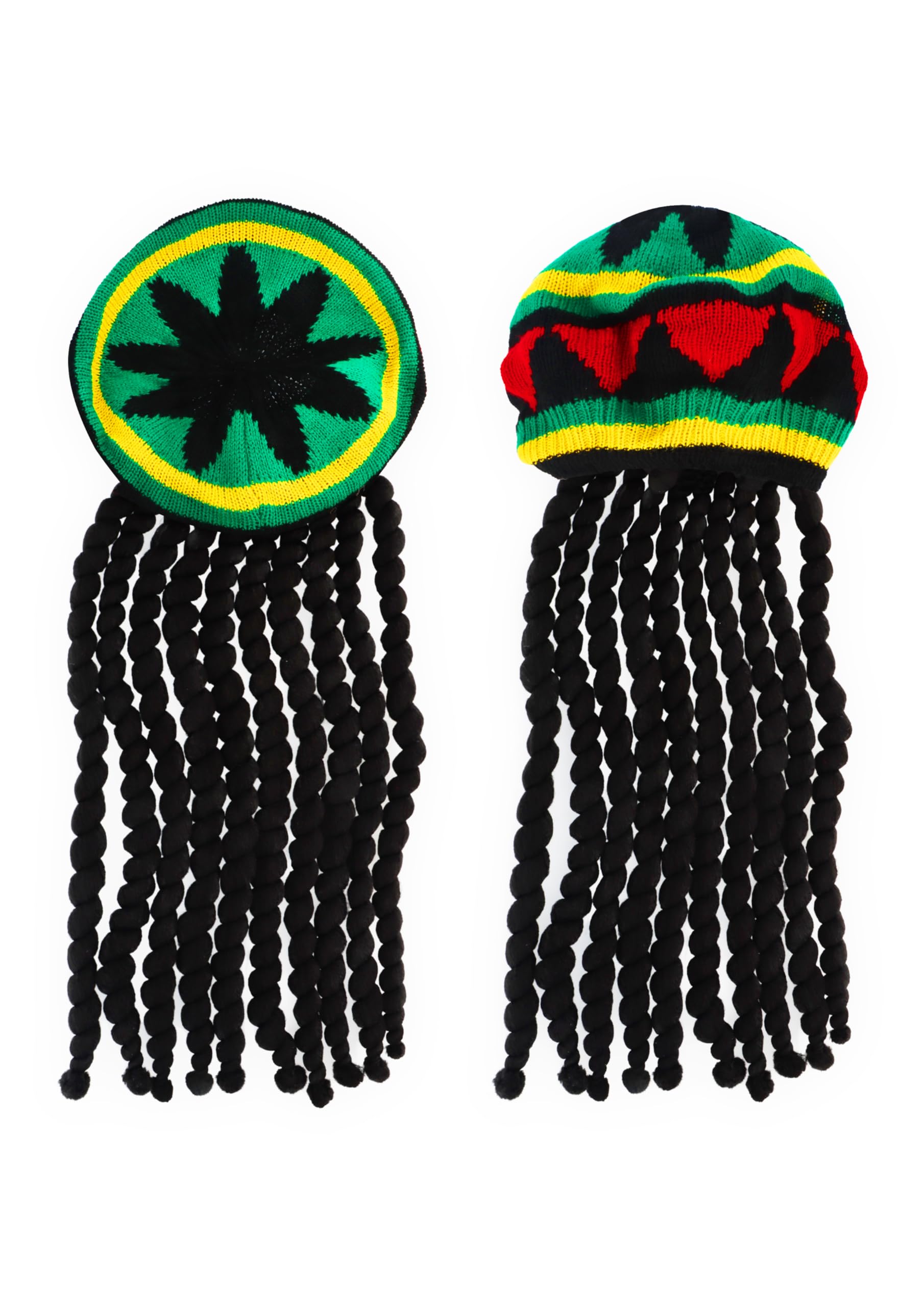 Fancy Dress Adults Knitted Rastafarian Jamaican Rasta Beanie Hat & Dreadlocks Hair