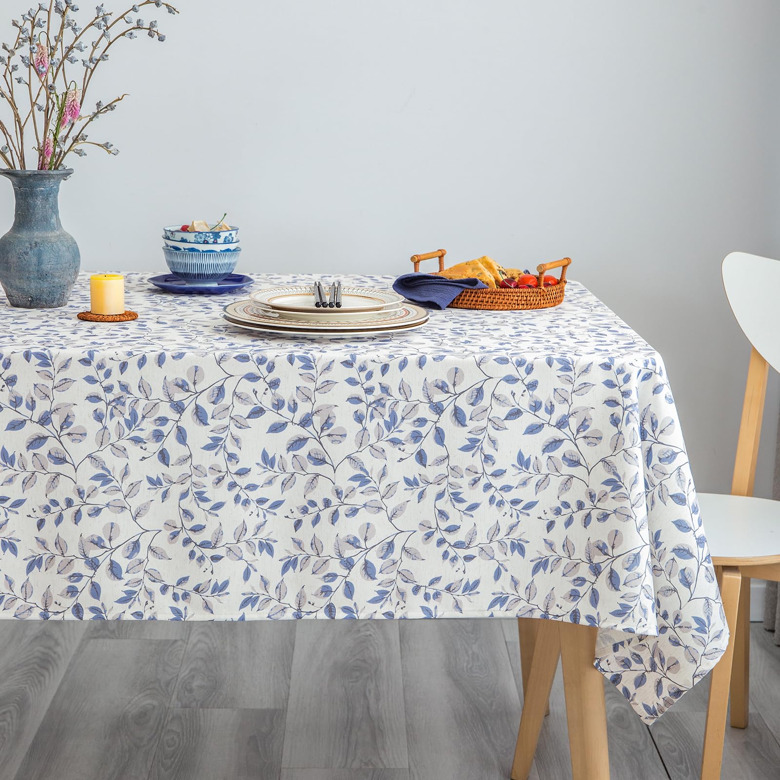 Photo 1 of GLORY SEASON Rustic Tablecloth Classic Plant Leaf Printed Linen Fabric Table Cover Farmhouse Decoration 52x70 Inches Rectangle/Oblong Blue for Kitchen Dining