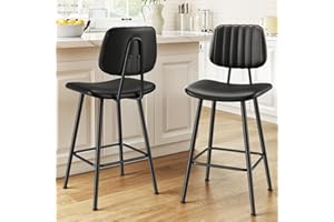 Raynesys 24-Inch Leather Bar Stools Set of 2, Counter Height Barstools with High Backrest，Bar Chairs for Kitchen Island with Heavy Duty Metal Legs, Black