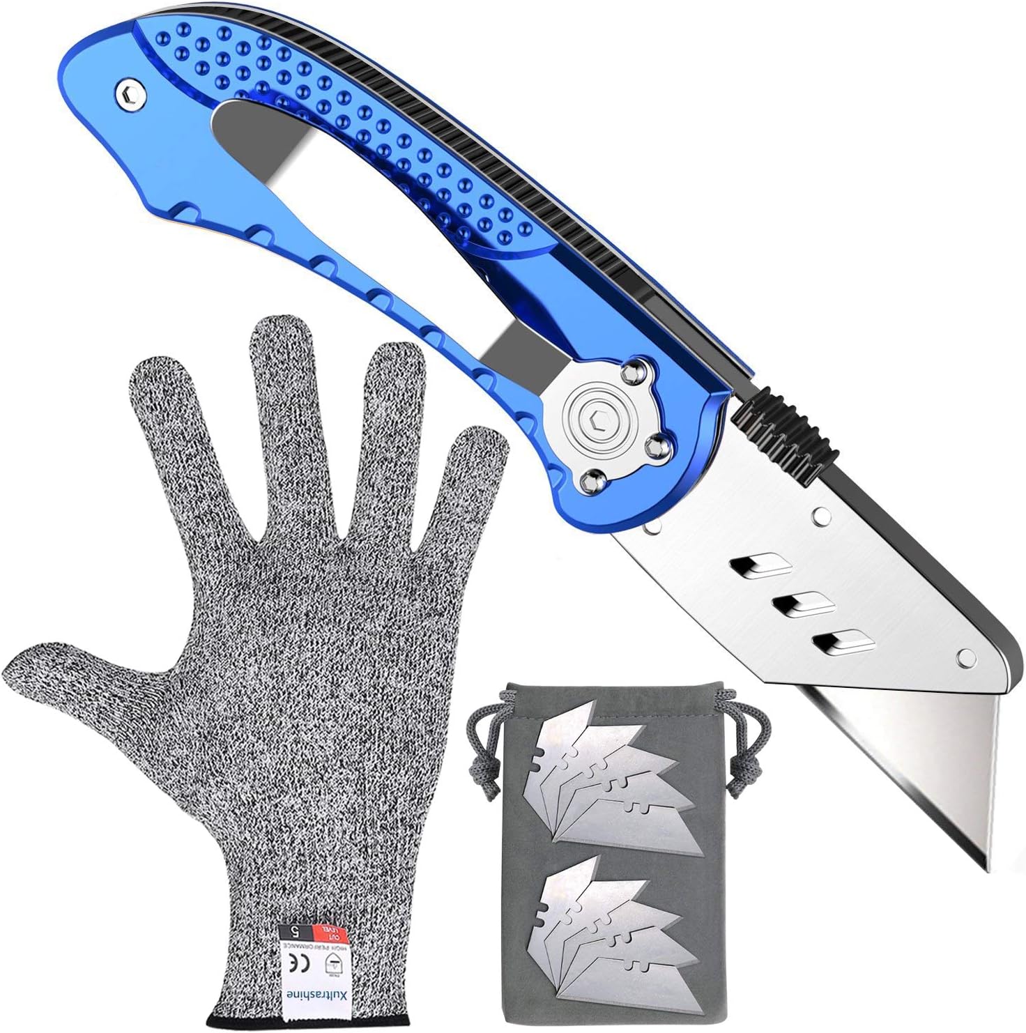 Big Sale 11 Blades Razor Knife Folding Pocket Utility Knife with Belt Clip - Aluminum Body Box Cutter with Cut Resistant Gloves Food Grade Level 5 Protection