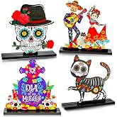 HOWAF 4PCS Day of The Dead Table Decorations,Wooden Mexican Dia De Los Muertos Altar Centerpiece with Sugar Skull Dancing Ghost Skeleton Couple Skeleton Cat Altar for Day of The Dead Alter Decor