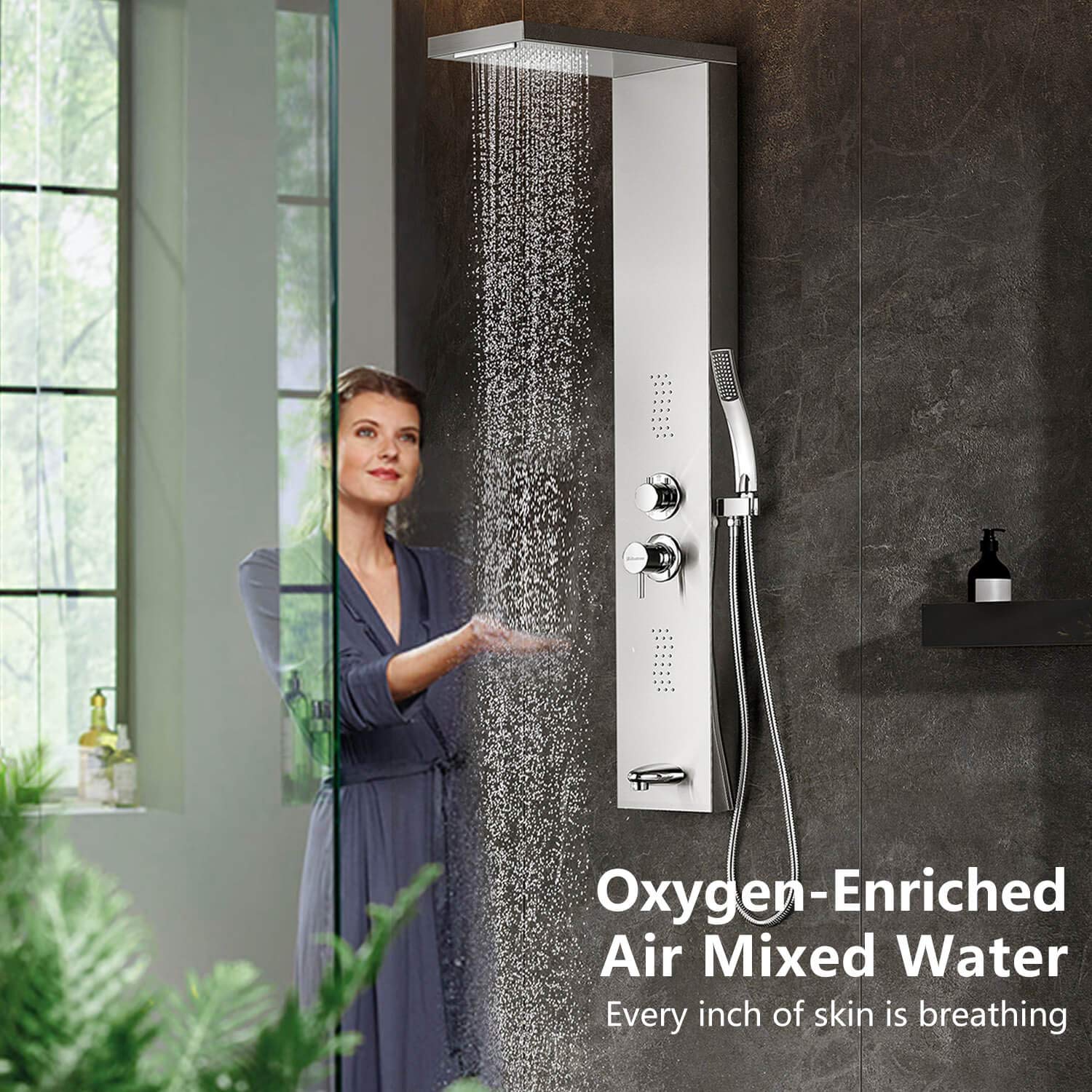 Adbatnos Shower Panel Multifunctional Shower Panel System Shower Tower, Rainfall Waterfall Spout, 2 Massage Jets, Tub Spout and Handheld Shower, 304 Stainless Steel Shower Panel with Body Jets