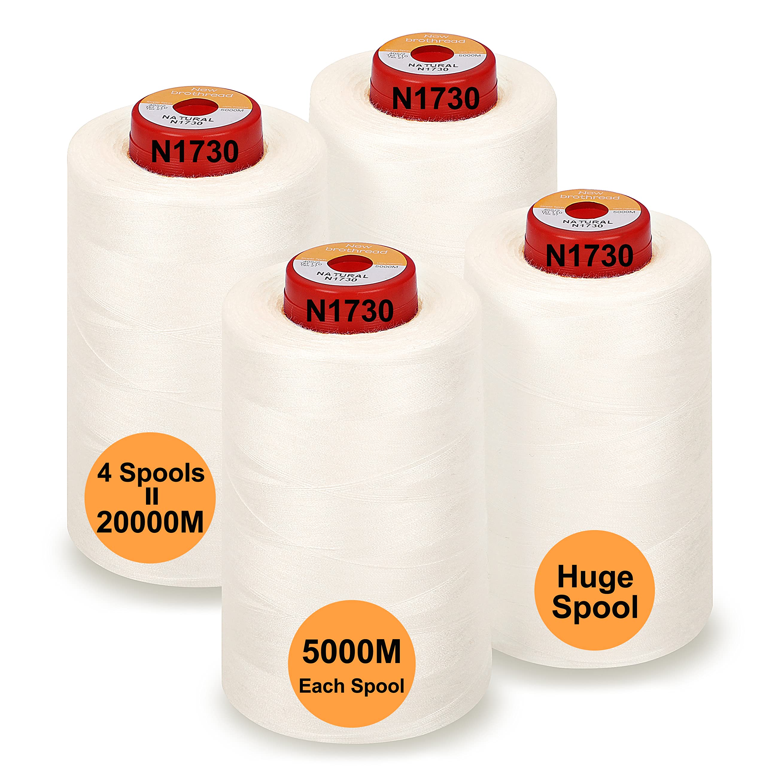 New brothread - 28 Options - 4 Large Cones of 5000M Each All Purpose Polyester Sewing Thread 40S/2 (Tex27) for Sewing, Quilting, Piecing, Serger and Overlock - Natural — image 1