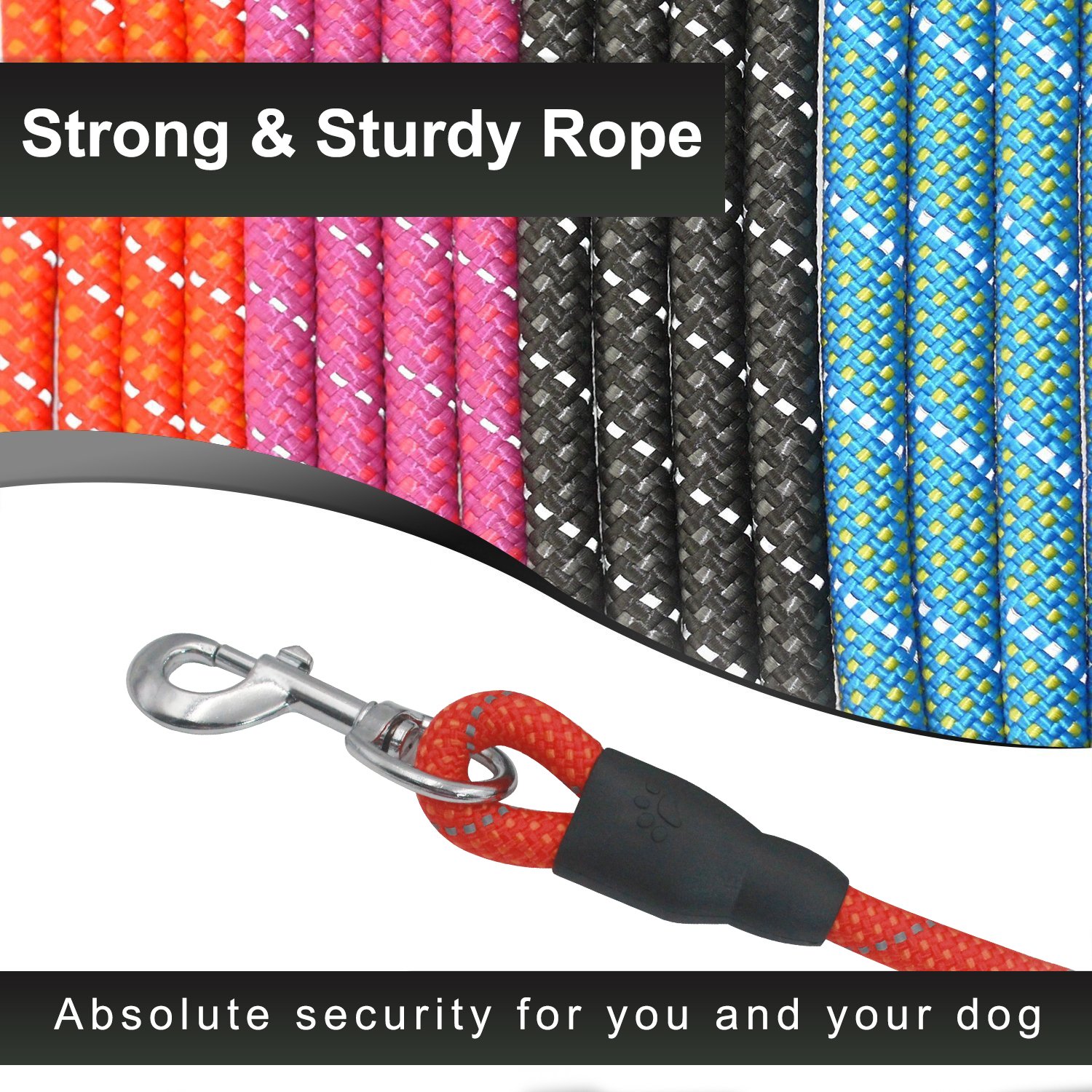 UNICOM Guinzaglio per Cani, Guinzaglio per Cani Da Passeggio e Addestramento, Per Cani Taglia Grande e Media Taglia, Strisce Riflettenti, con Collare per cani (1.8 M, Nero)