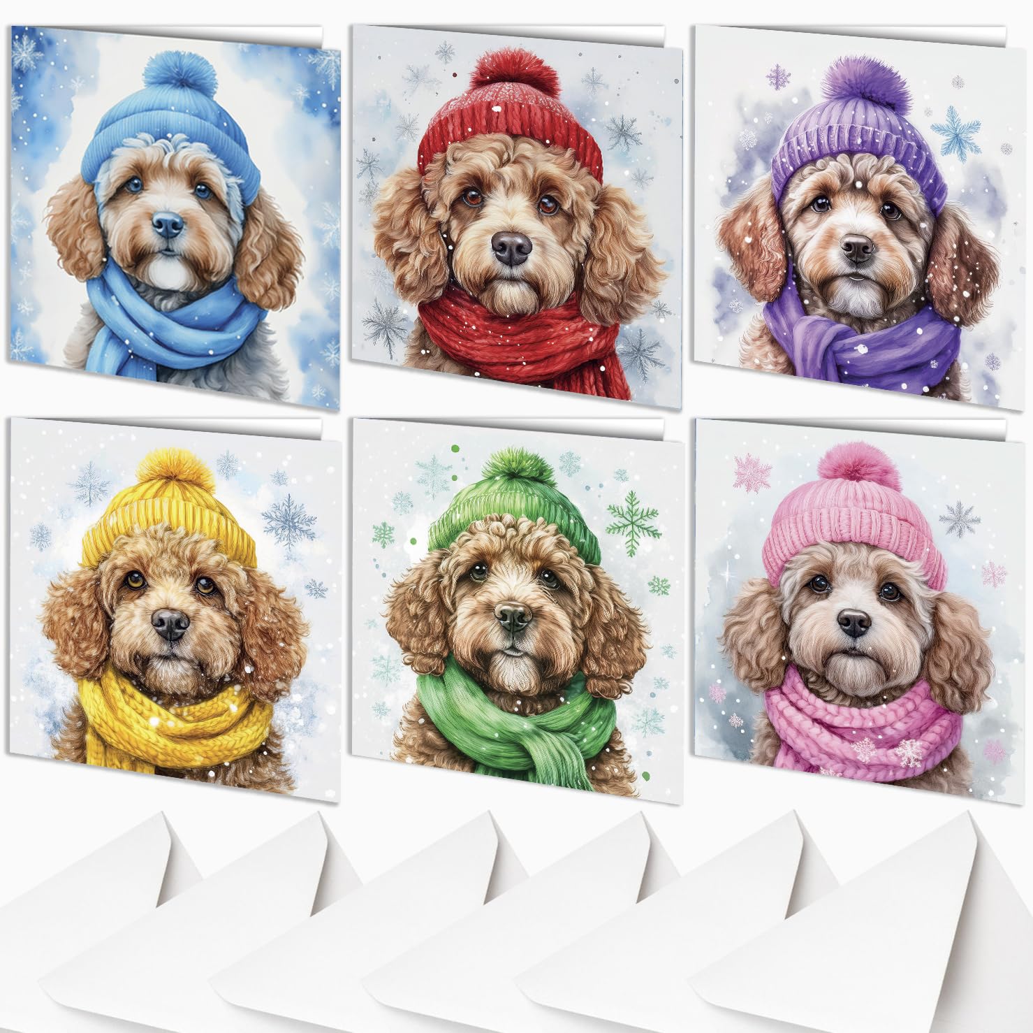 Cockerpoo in Hats and Scalfs, Snow Scene, Christmas Cards (pack of 6 cards) with White Envelopes 15 x 15 cm Blank inside Cockapoo #1769